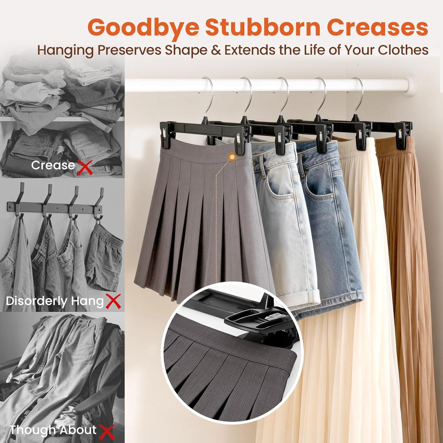 Black Pants Hangers 50 Pack, 12 Inch Skirt Hangers with Non-Slip Big Clips and 3