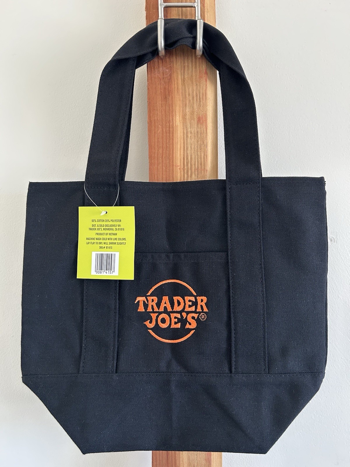 Trader Joe’s Reusable Tote Bag Black Cotton Polyester Solid 12×14.5×7.5 in