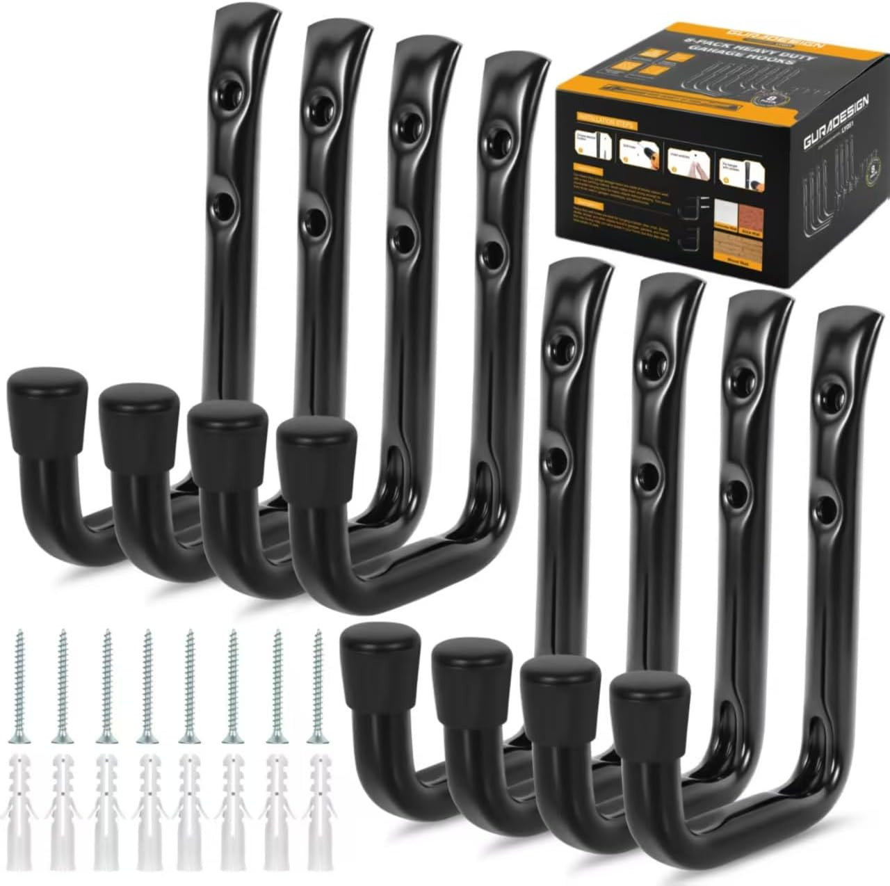 8 Pack Heavy Duty Garage Hooks 50LB J Utility Wall Mount Hooks Metal Black