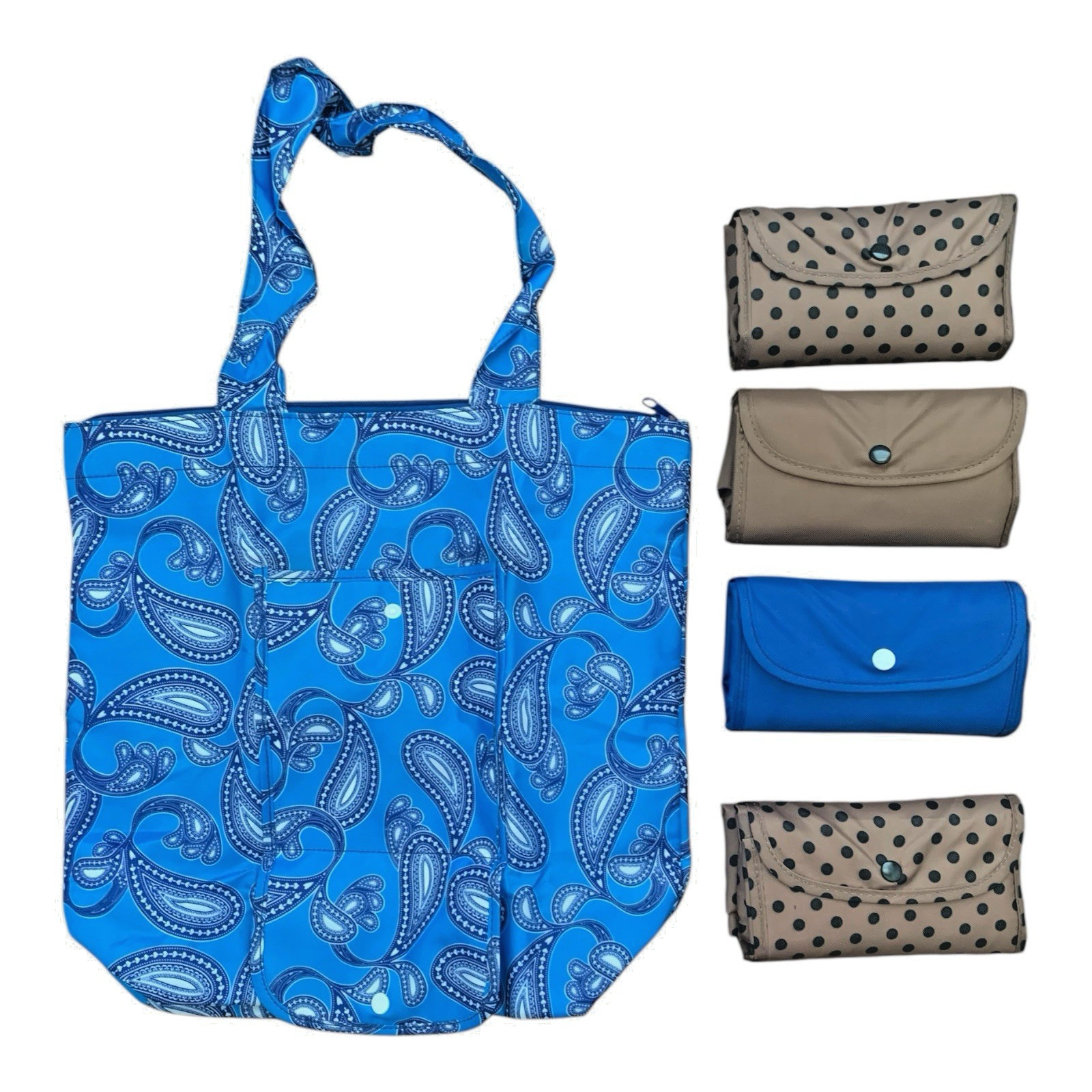 Unbranded Folding Reusable Tote Bag Set Paisley Polka Dot Blue Tan 5 Piece Set