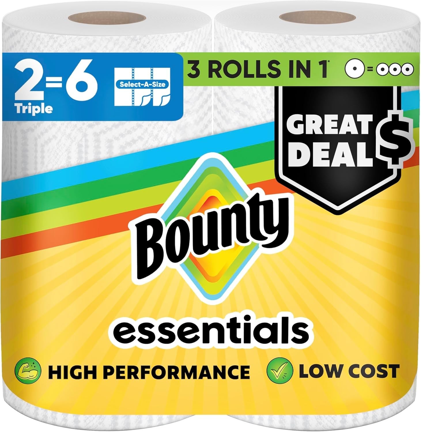 Bounty Essentials Select-A-Size Paper Towels, White, 2 Triple Rolls = 6 Regular