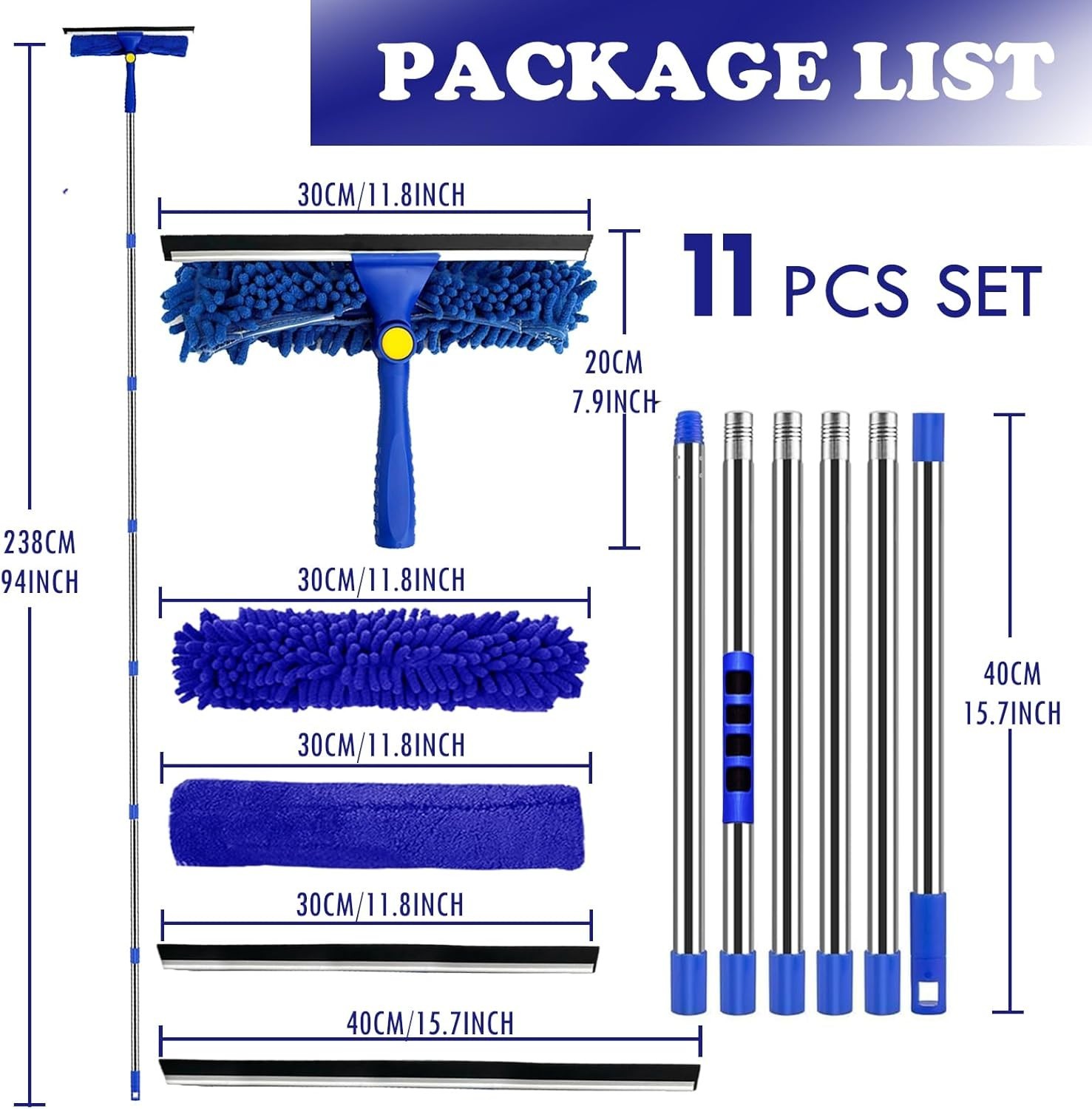 Window Cleaner Squeegee Kit – 2.38M (94inch) Cleaning Equipment with Long Han…