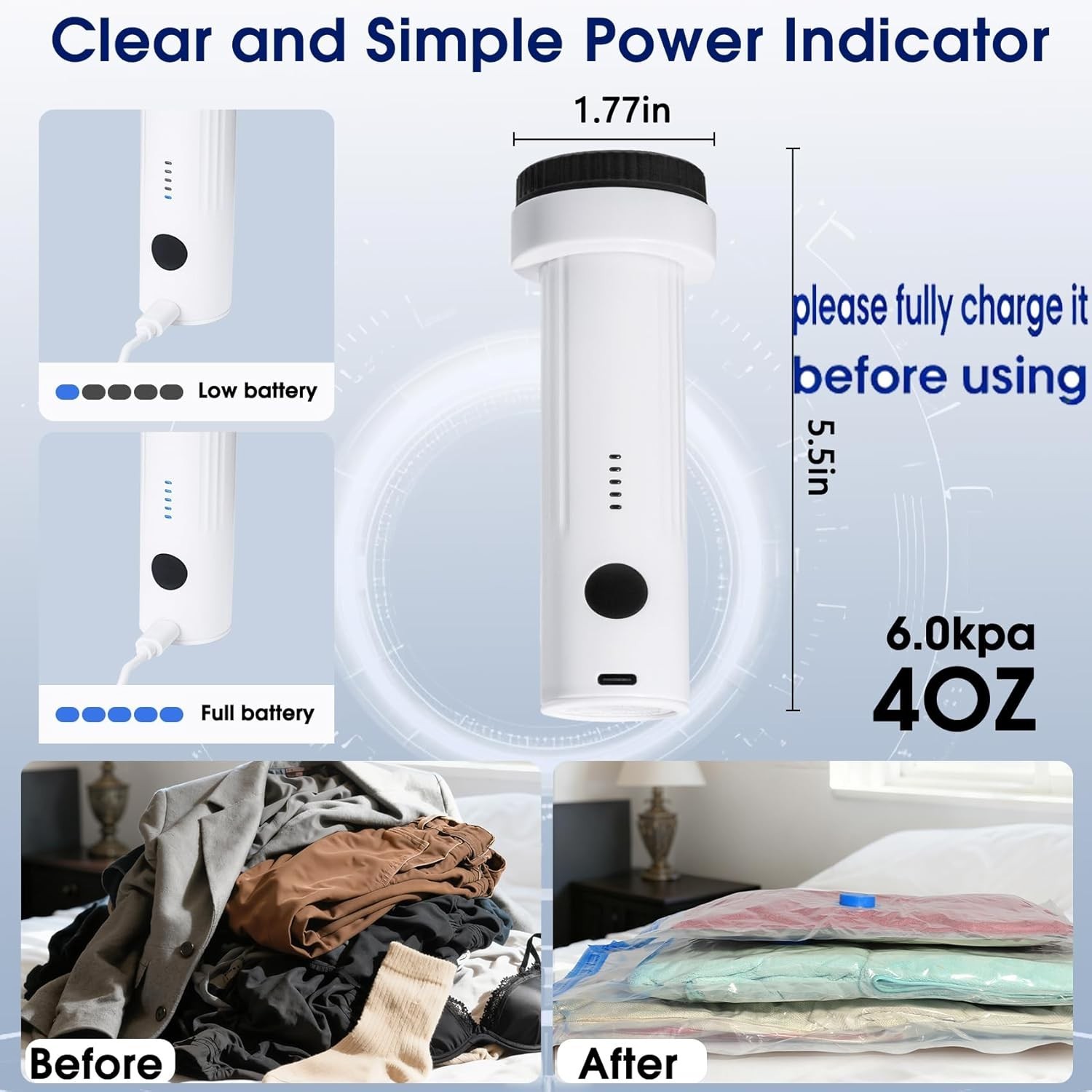 6.0Kpa Cordless Electric Vacuum Pump for Storage Bags, USB Rechargeable Porta…