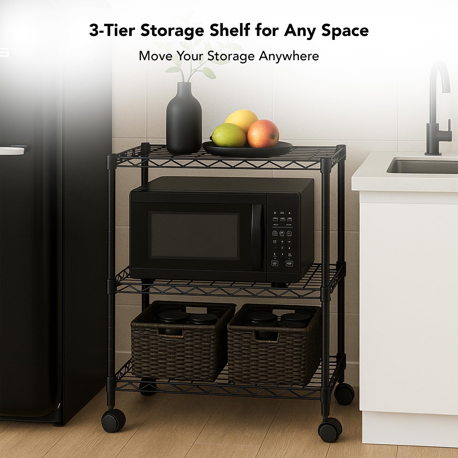 3 Tier Wire Shelving Unit Storage Rack, Metal 3 – 14″W x 24″L, Black
