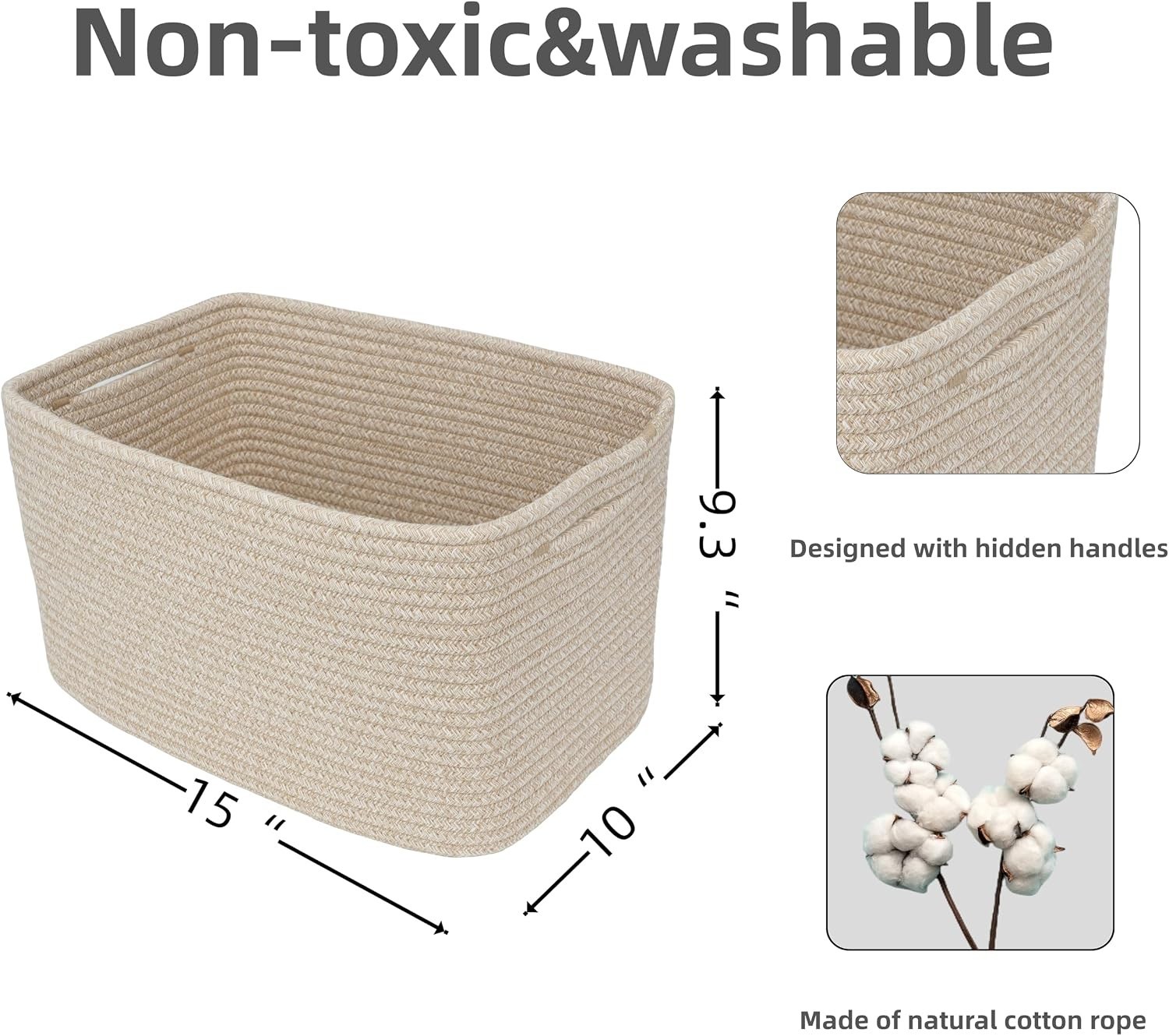 Elegant Woven Cotton Rope Storage Baskets, 15x10x9.3” – 3 Pack Oatmeal