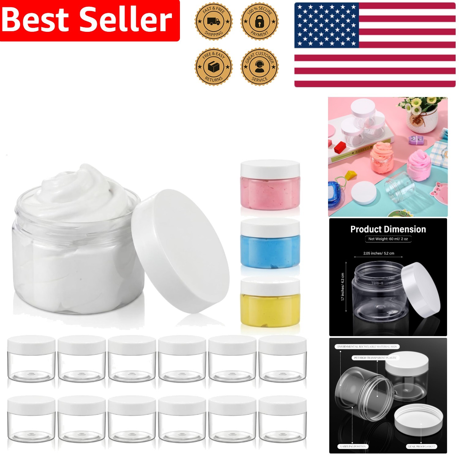 Empty 2 oz Round Plastic Jars 16 Count White Screw Top Containers for DIY Crafts