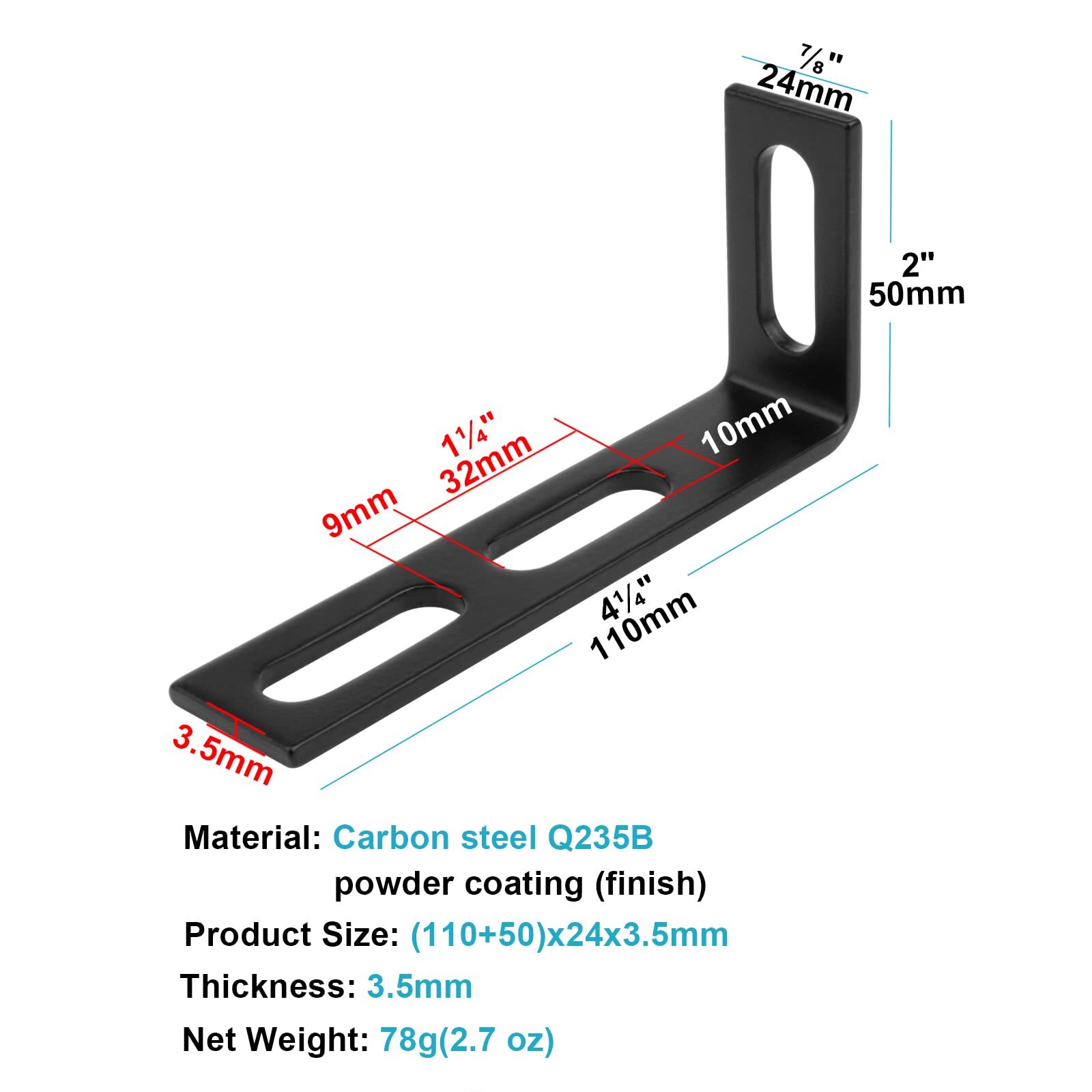 10 Pcs 4¼ x 2 inch Black Adjustable L Shaped Bracket with 3 Slot Hole Steel 9…