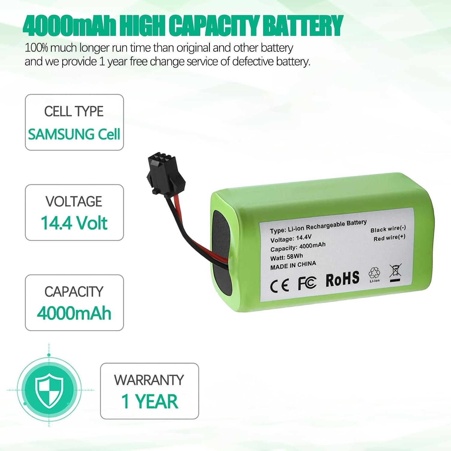 High Capacity 4000mAh Replacement Battery – 14.4V for Robot Vacuums