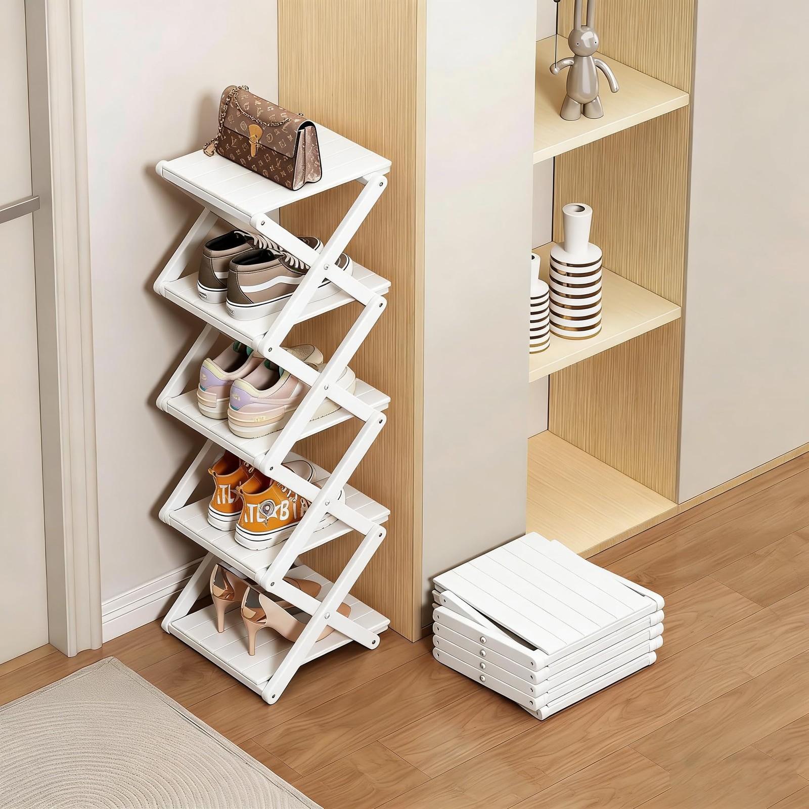 Bamboo Shoe Rack – No Assembly Required, Tall Narrow Foldable Shoe Organizer,…
