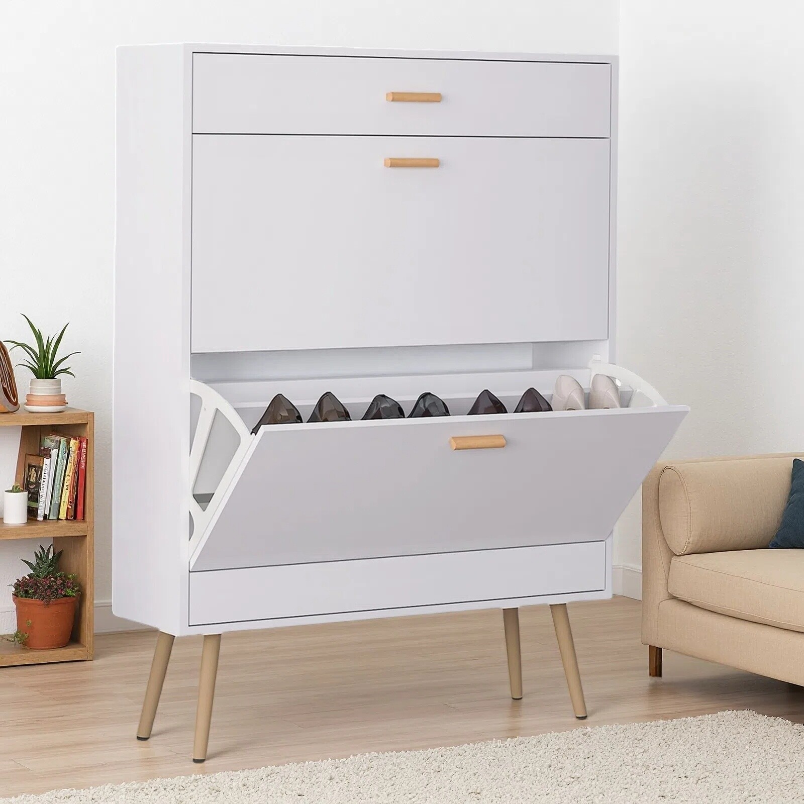 White 2 Flip Drawers Shoe Cabinet, Luxury Shoe Storage & Shoe Rack