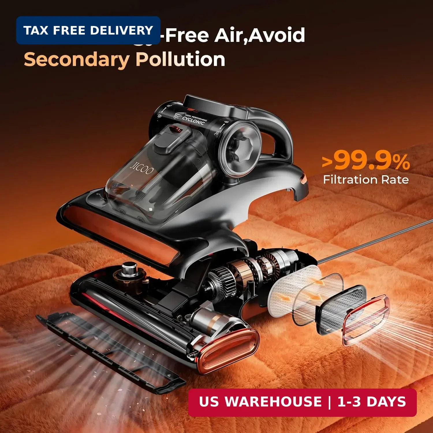 JIGOO T600 Bed Vacuum Cleaner with UV-C Light, 15Kpa Suction 700W Powerful Doubl