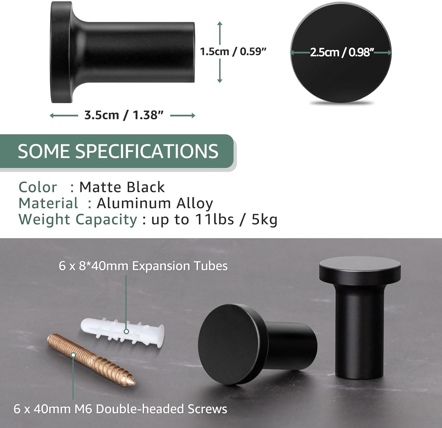 6 Pack Black Coat Hooks Wall Mount Minimalist (1″ Diameter) | Machining of Solid