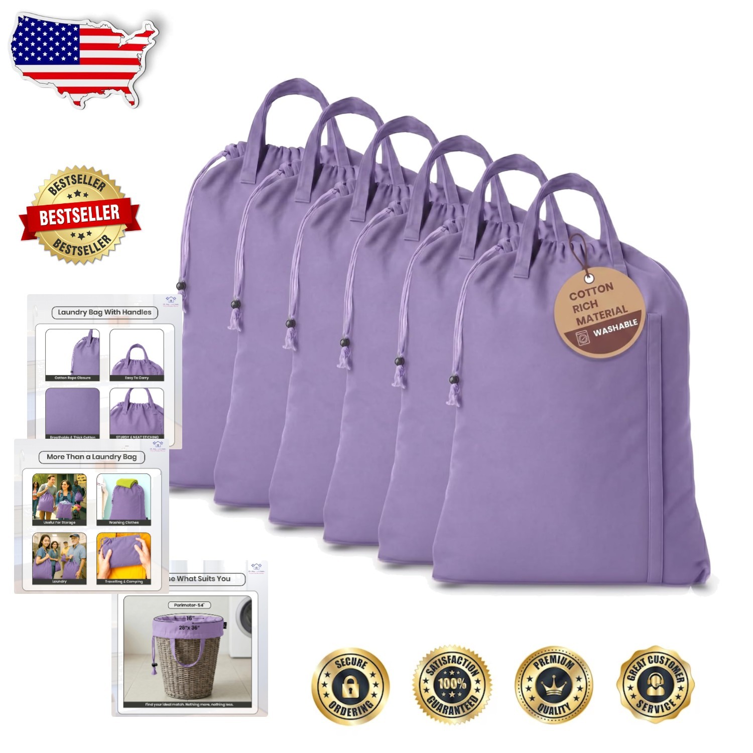Canvas Laundry Bags 6pk Lavender 28″x36″ Cotton Rich Heavy Duty Washable