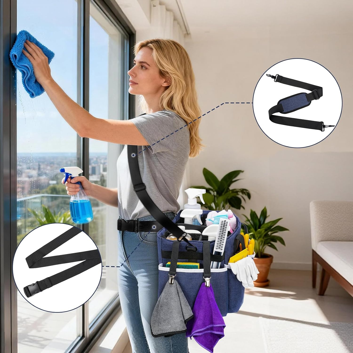 Wearable Cleaning Caddy Bag, Large Cleaning Supplies Organizer with 4 Foldable D