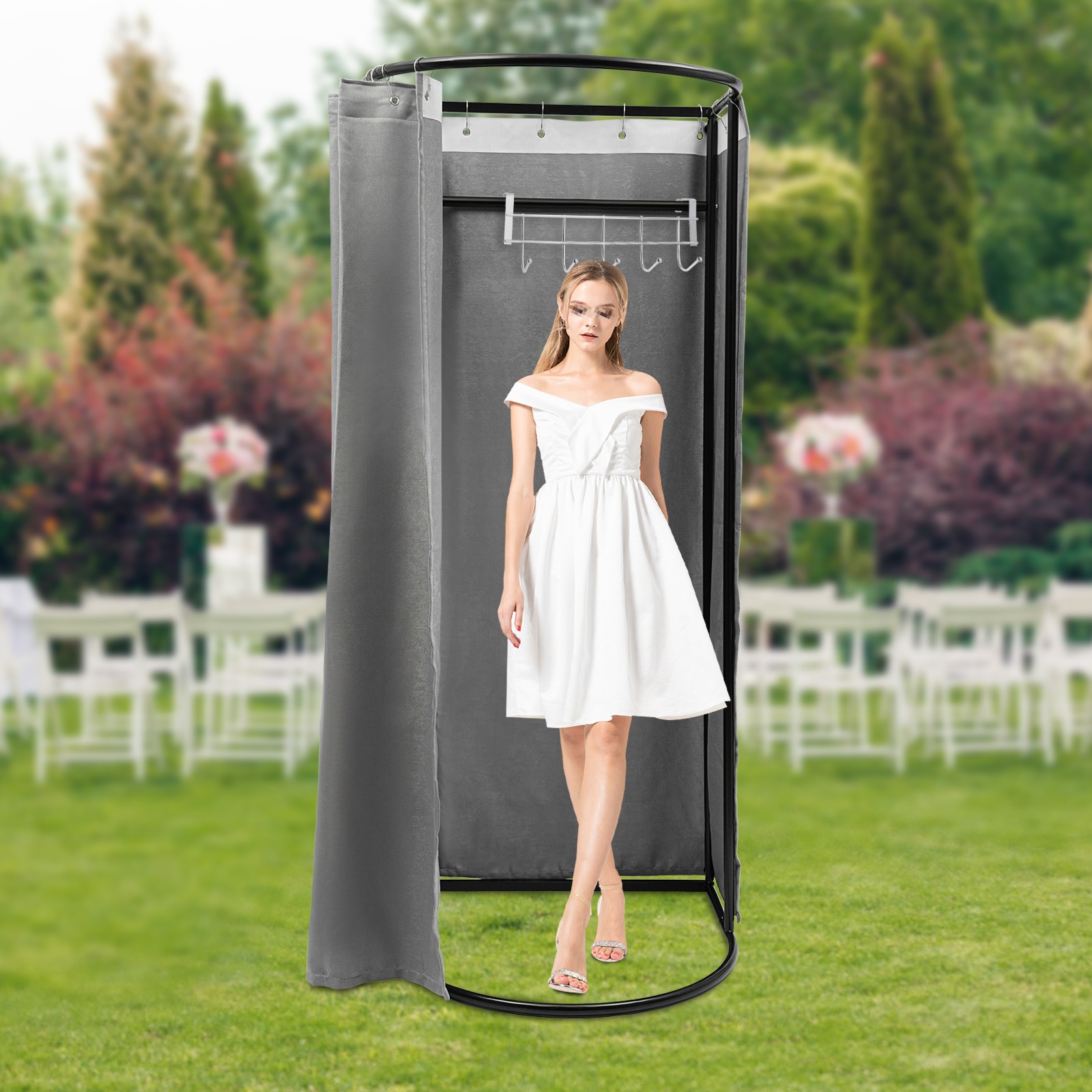 Fitting Room with Grey Shading Curtain, Portable Clothing Store Dressing Room