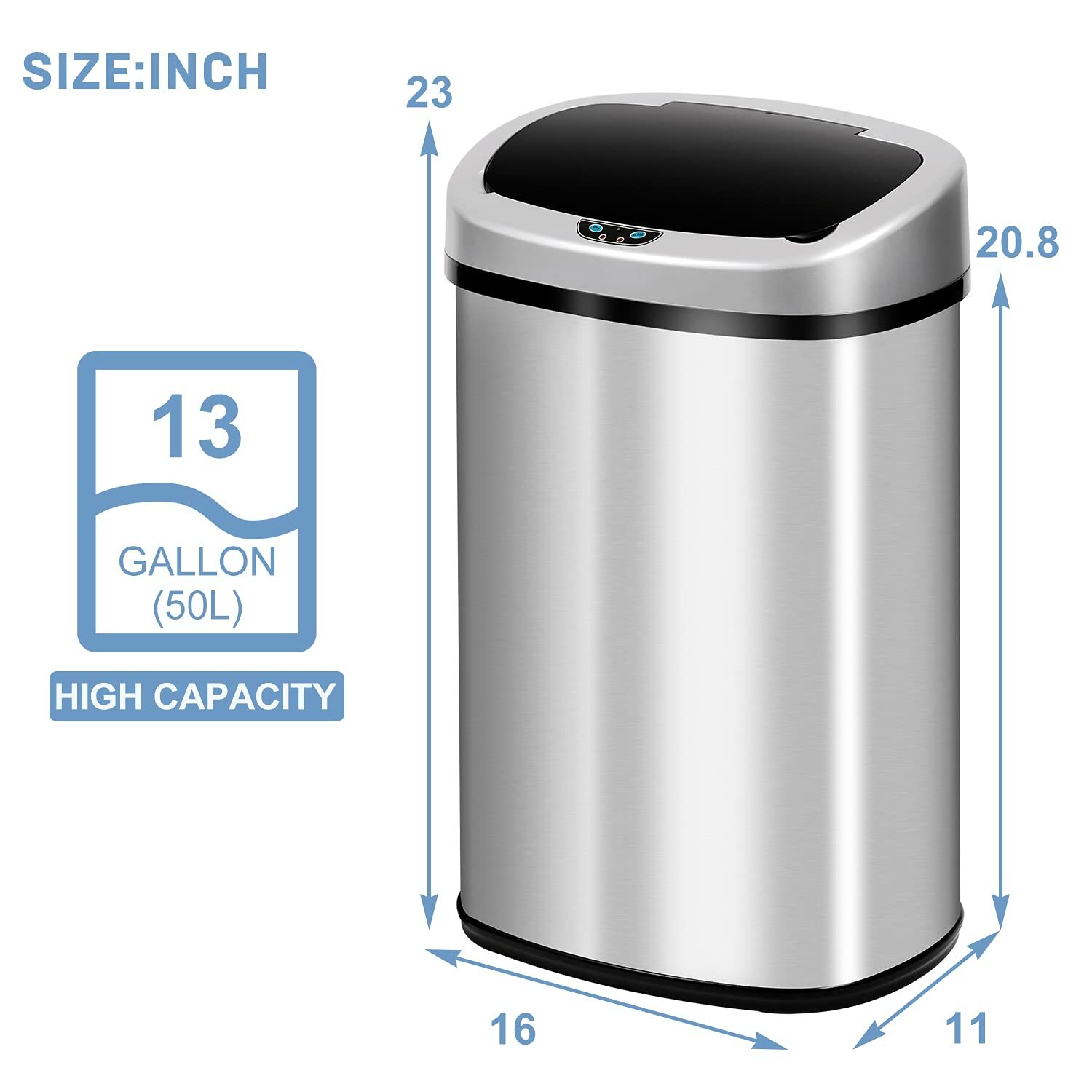 13 Gal Kitchen Bin Automatic Sensor Office Trash Can Stainless Touch Free w/ Lid