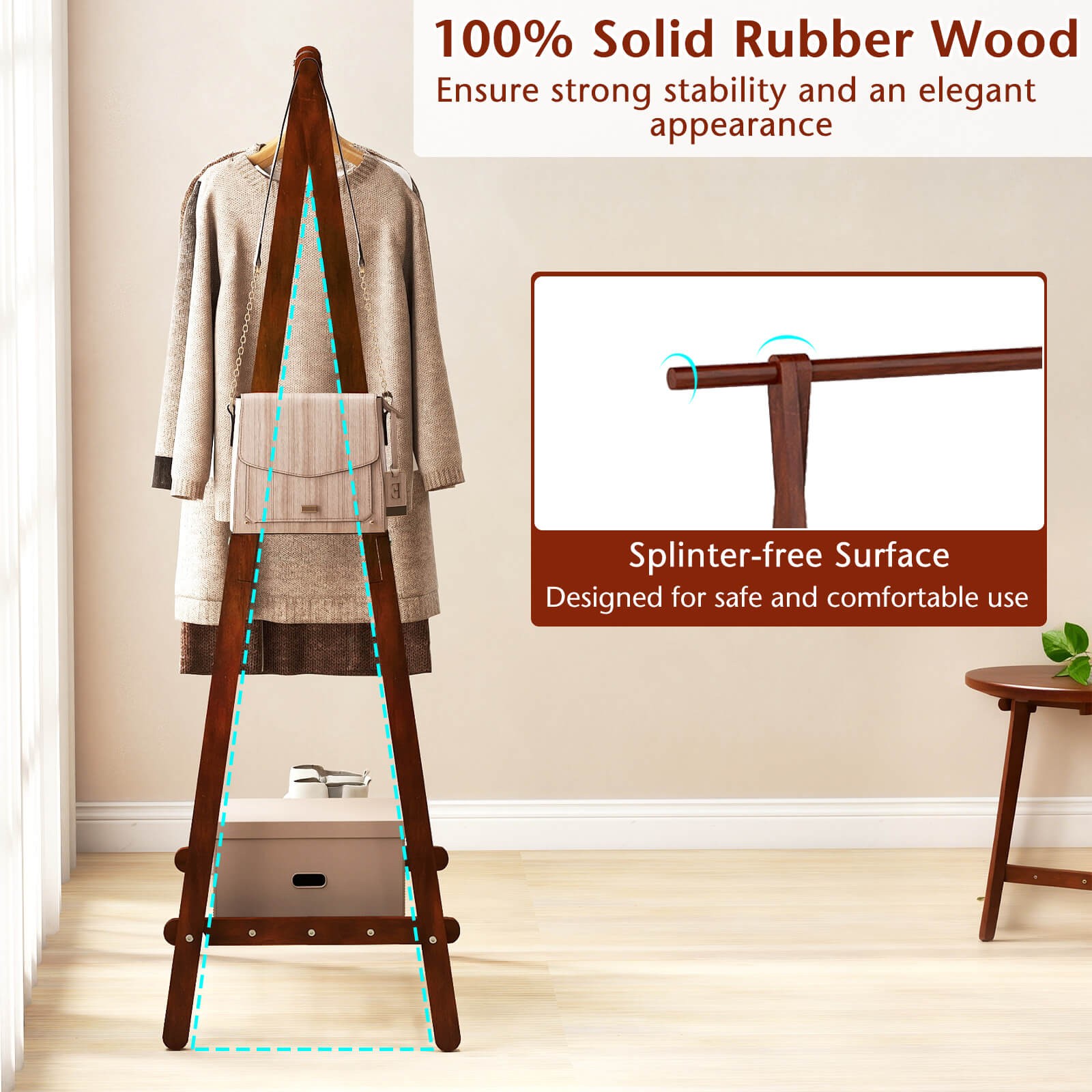Folding Rubber Wood Clothes Hanging Rack w/Bottom Storage Shelf for Bedroom