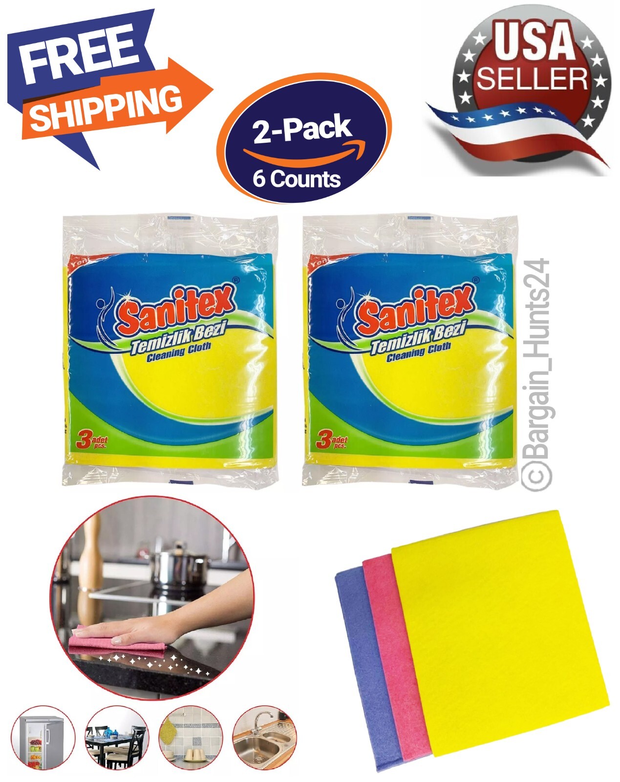 6 Count Cellulose Sponge Wipes Reusable Cleaning Cloth for Home (Pack of 2) -New