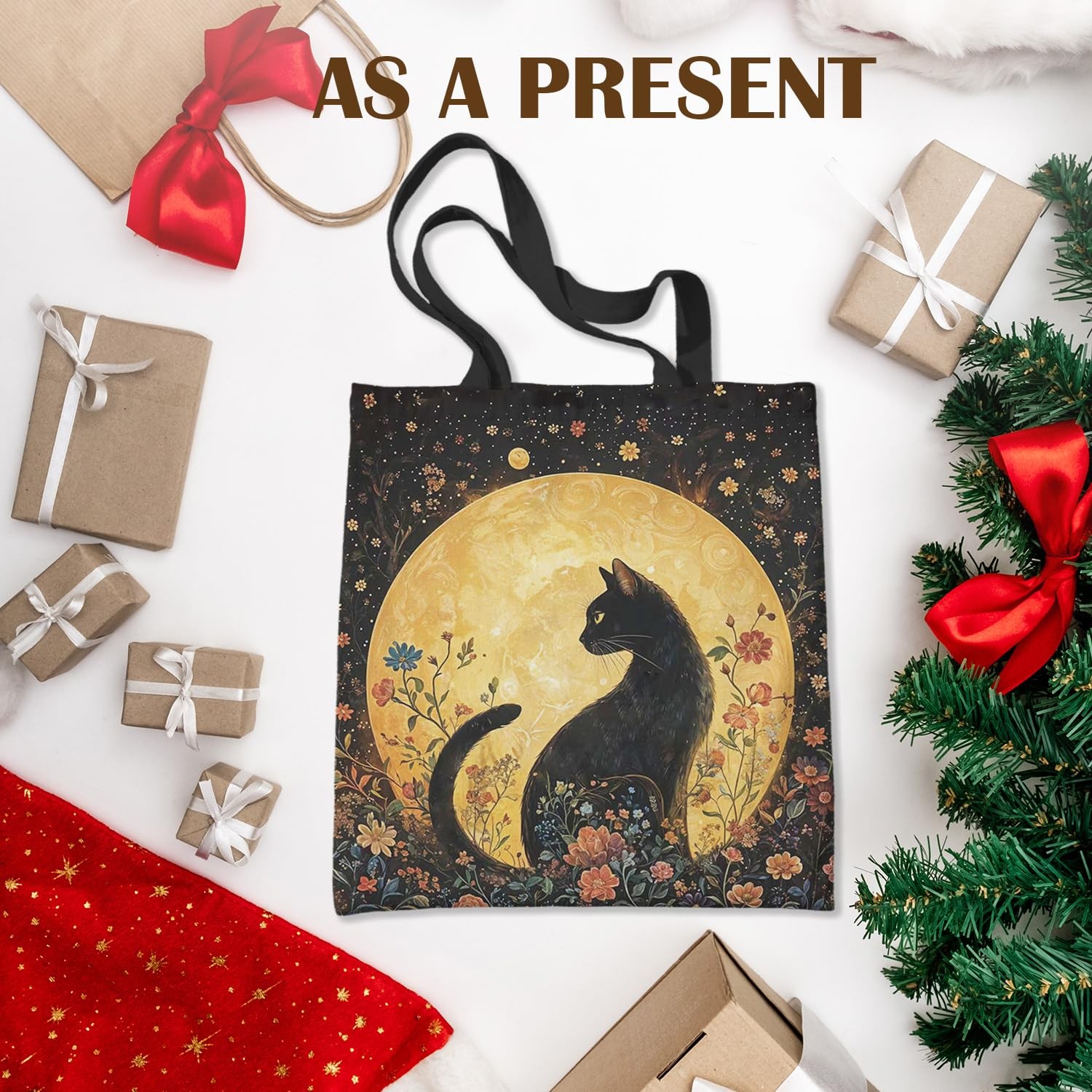 Celestial Witchy Black Cat Tote Bag for , Art Nouveau Floral Moon Cat Canvas …