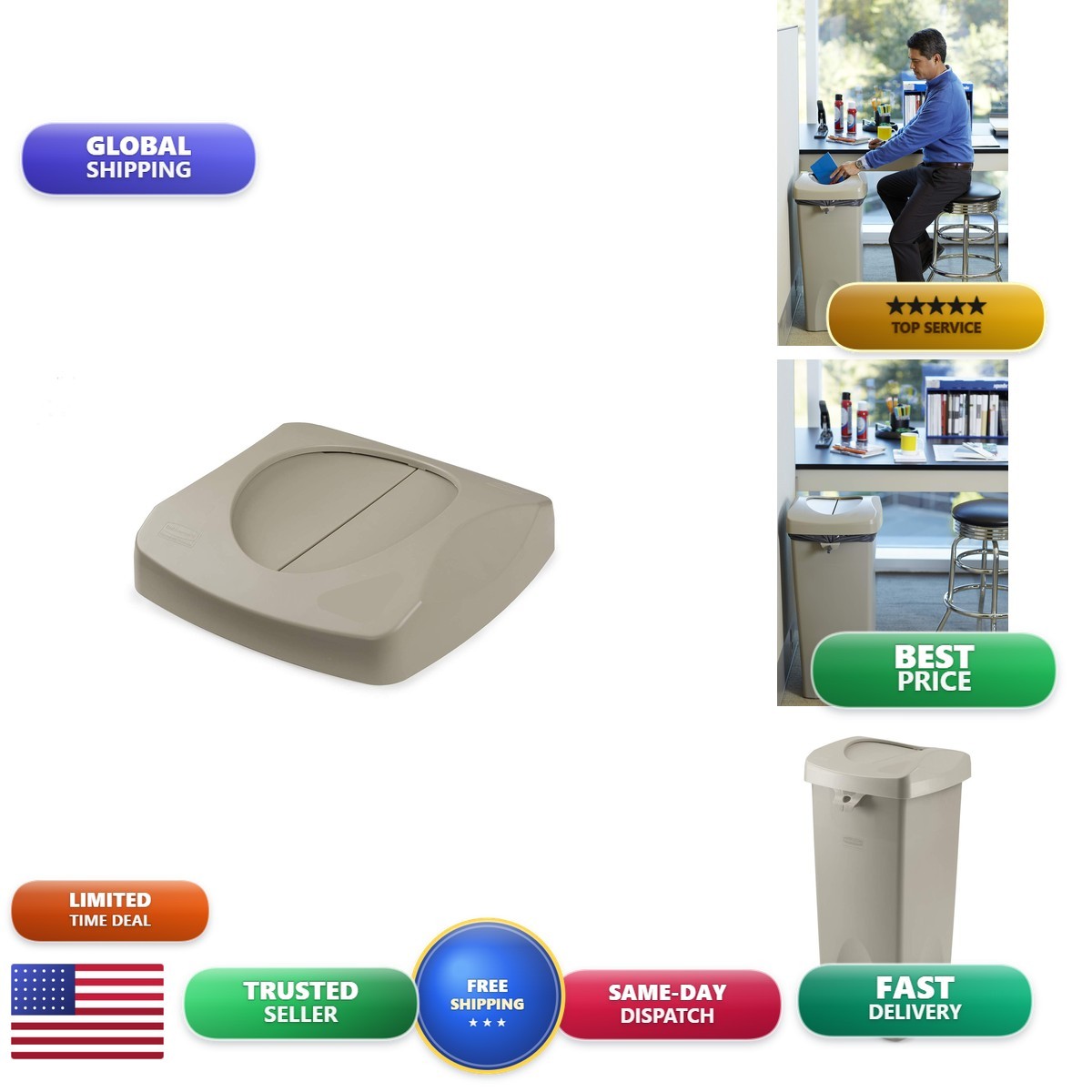 Rubbermaid Commercial Untouchable 23 Gal Square Swing Lid Beige FG268988BEIG