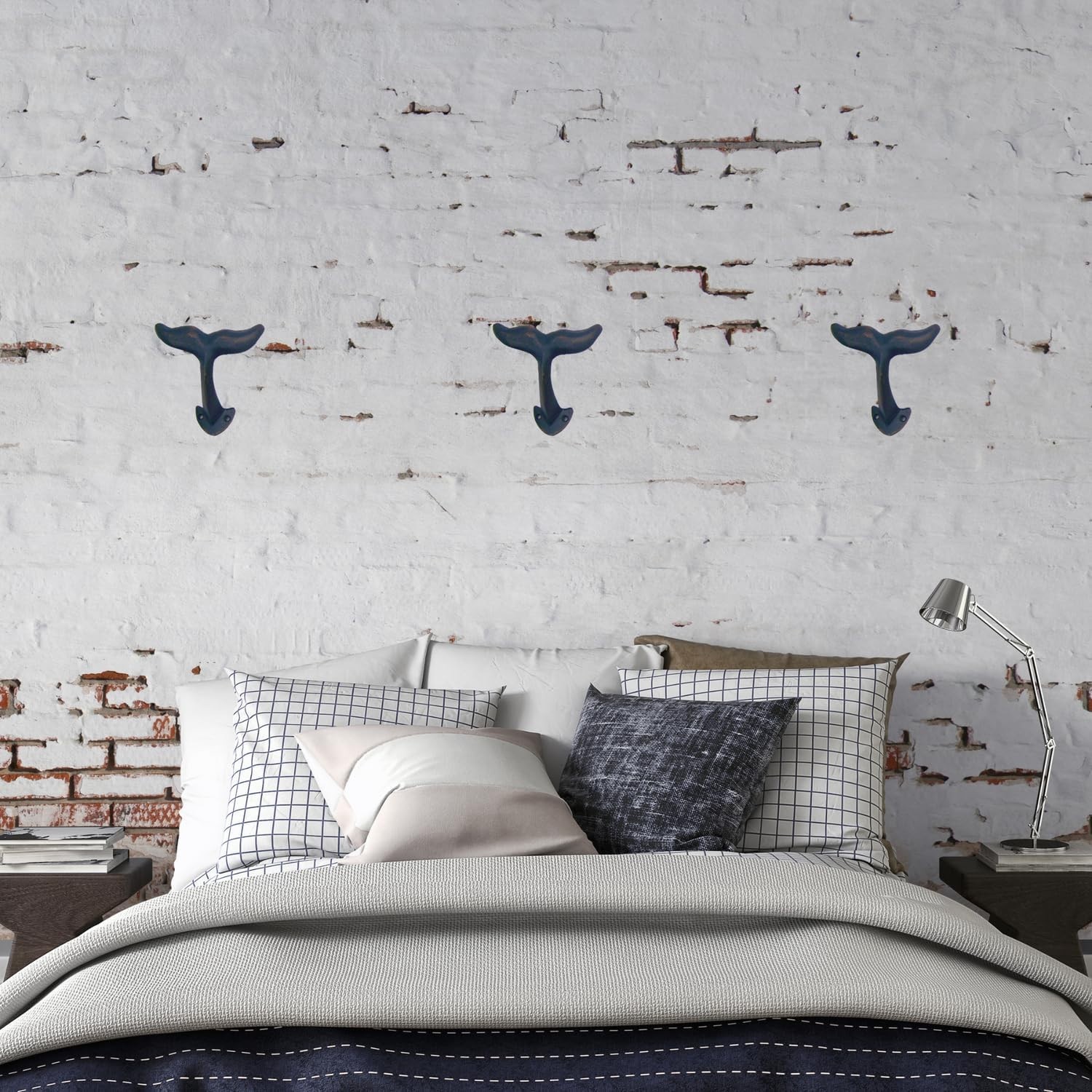 Navy Blue Whale Tail Wall Hooks Cast Iron Beach Decor Set 3 Nautical 4.5″