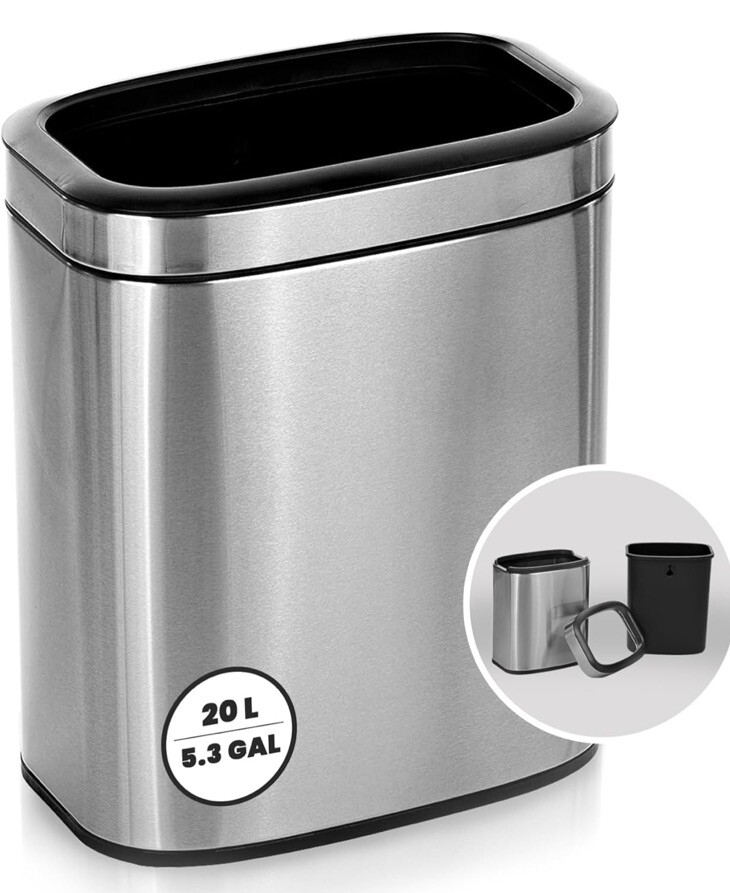 Compact 5.3 Gallon Brushed Stainless Steel Kitchen Trash Can – Open Top Design