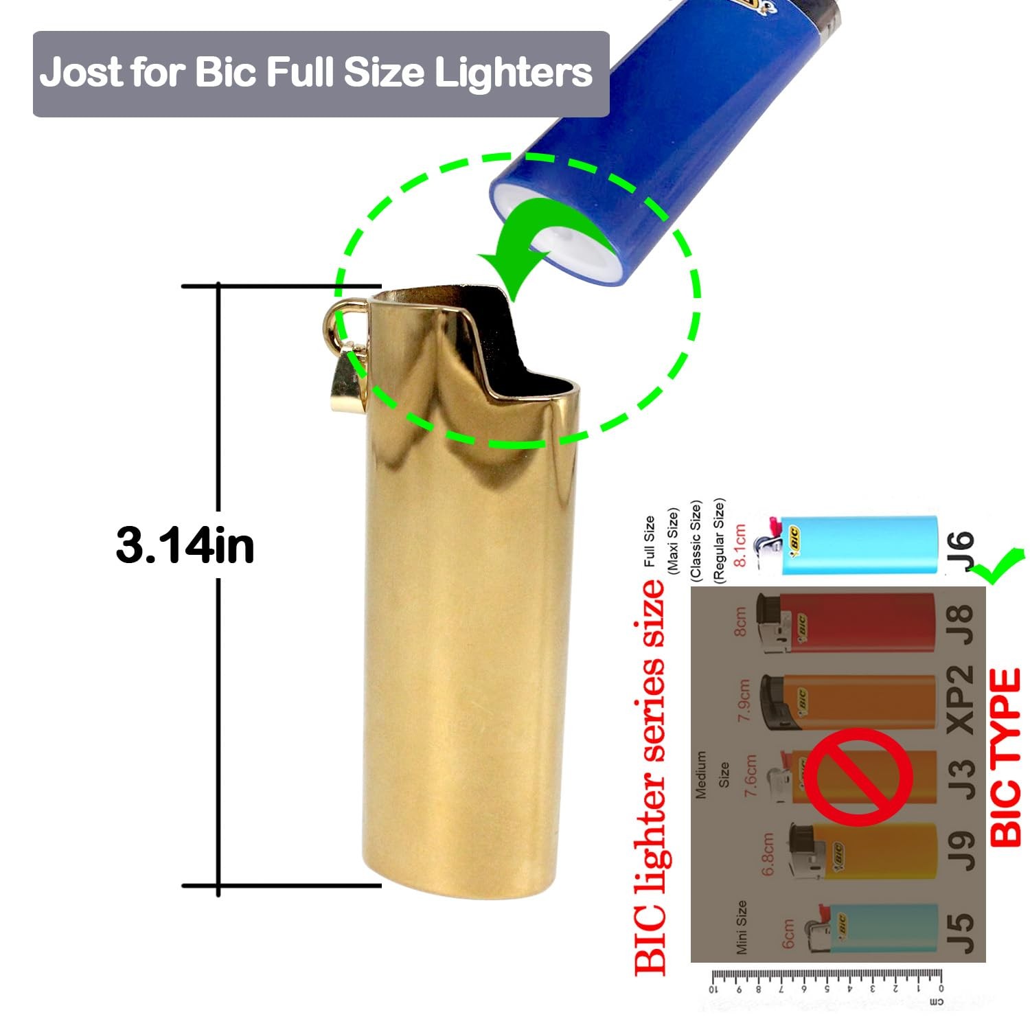 Metal J6 Lighter Case Cover Reusable for 3.14 x 1.1 x 0.7 inches, Mirror Gold