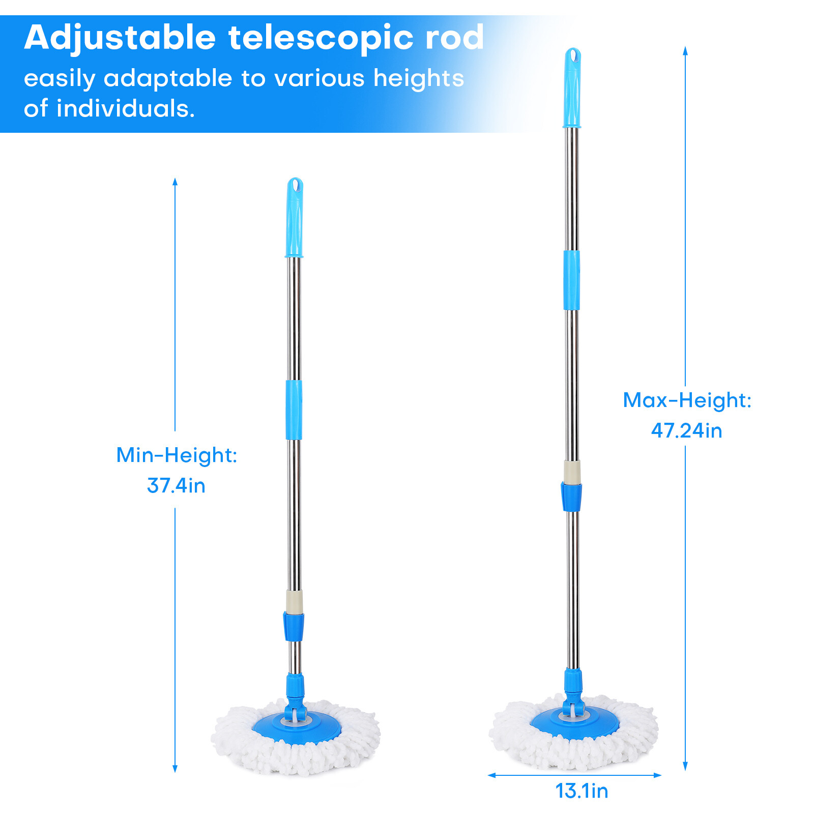 360° Rotating Spin Mop Handle Replacement Adjustable Pole 2 Microfiber Mop Heads