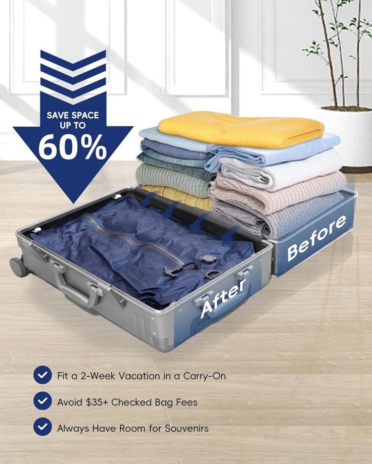 Travel Vacuum Bags for Luggage with Wireless Pump, Reusable Space Saver 2 pack