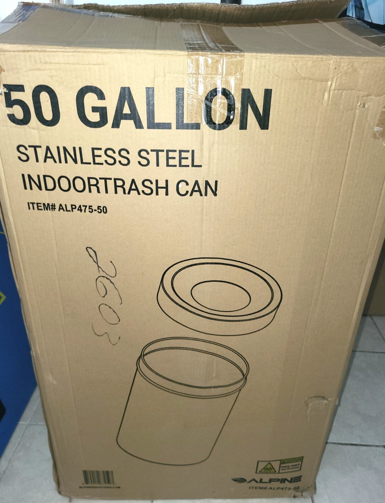 Alpine Industries 50-Gallon Stainless Steel Indoor Trash Can w/ Funnel Open Top.