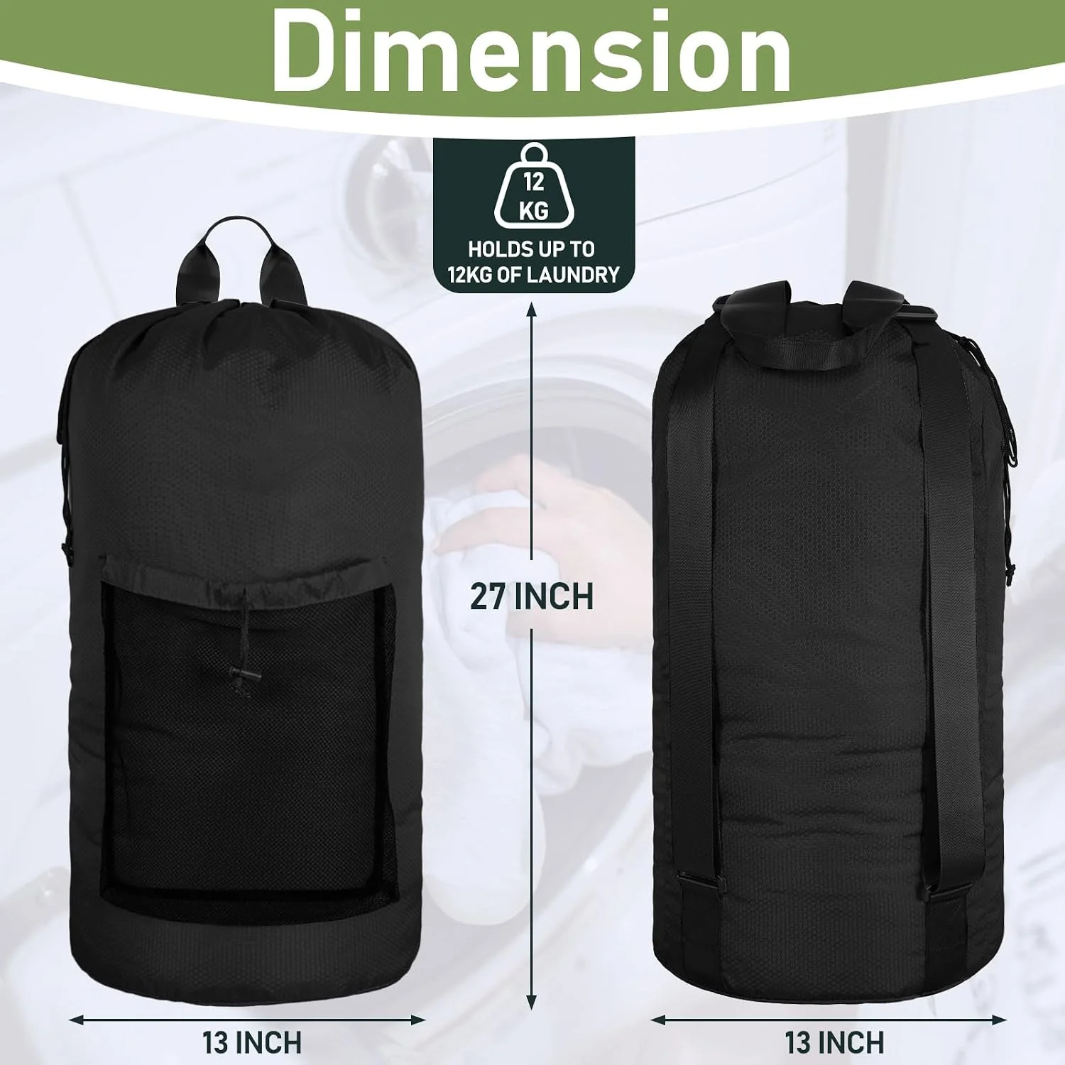 Large Laundry Bag Backpack Shoulder Straps Mesh Pocket Travel College Dorm Black