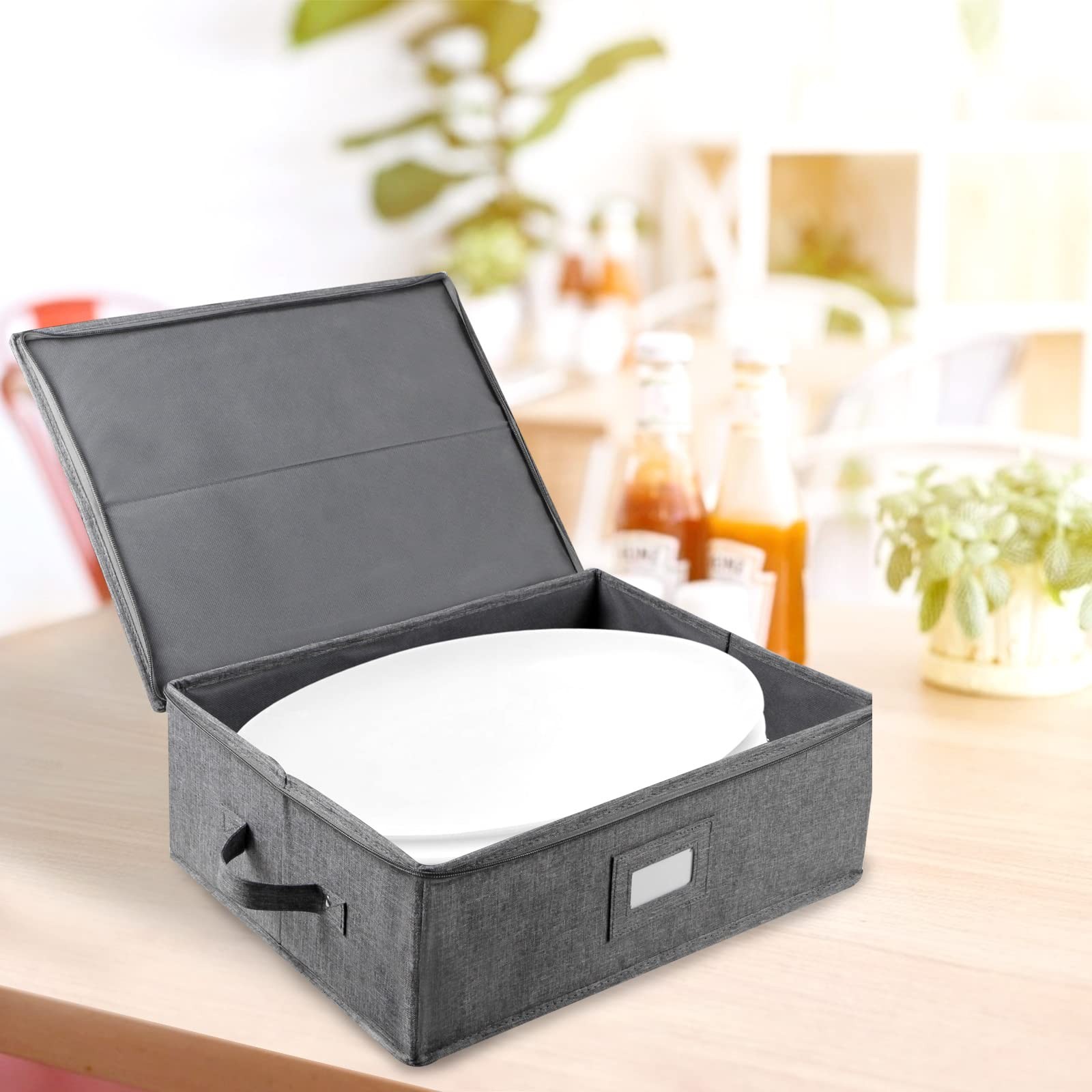 Linen Grey Hard Shell China Platter Storage Container 17x13x6 In 5 Dividers