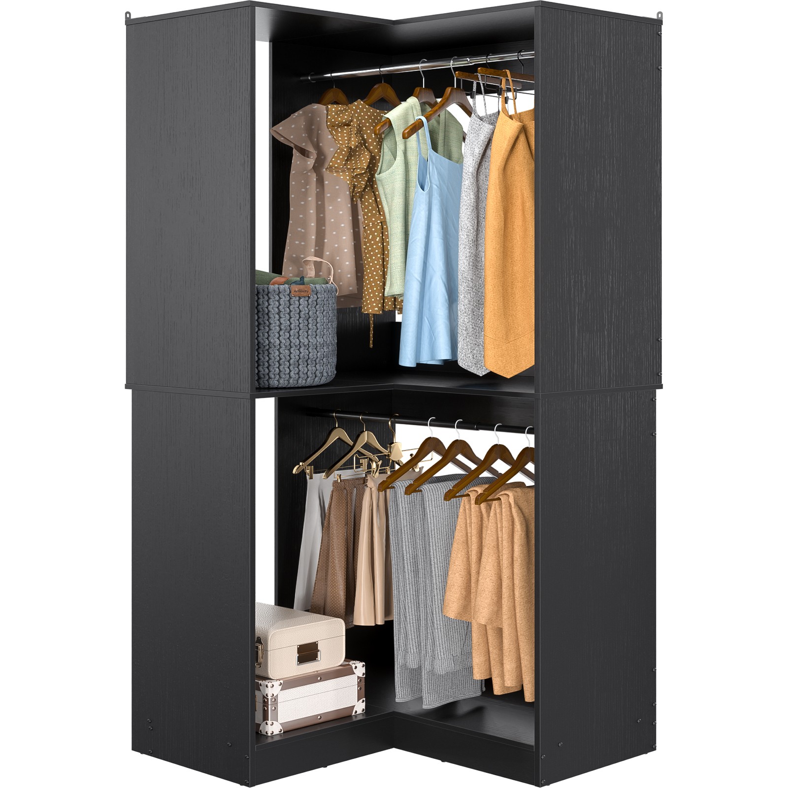 32″ Wide Wood Corner Closet Organizer System with 2 Hanging Rod & Storage Shelve