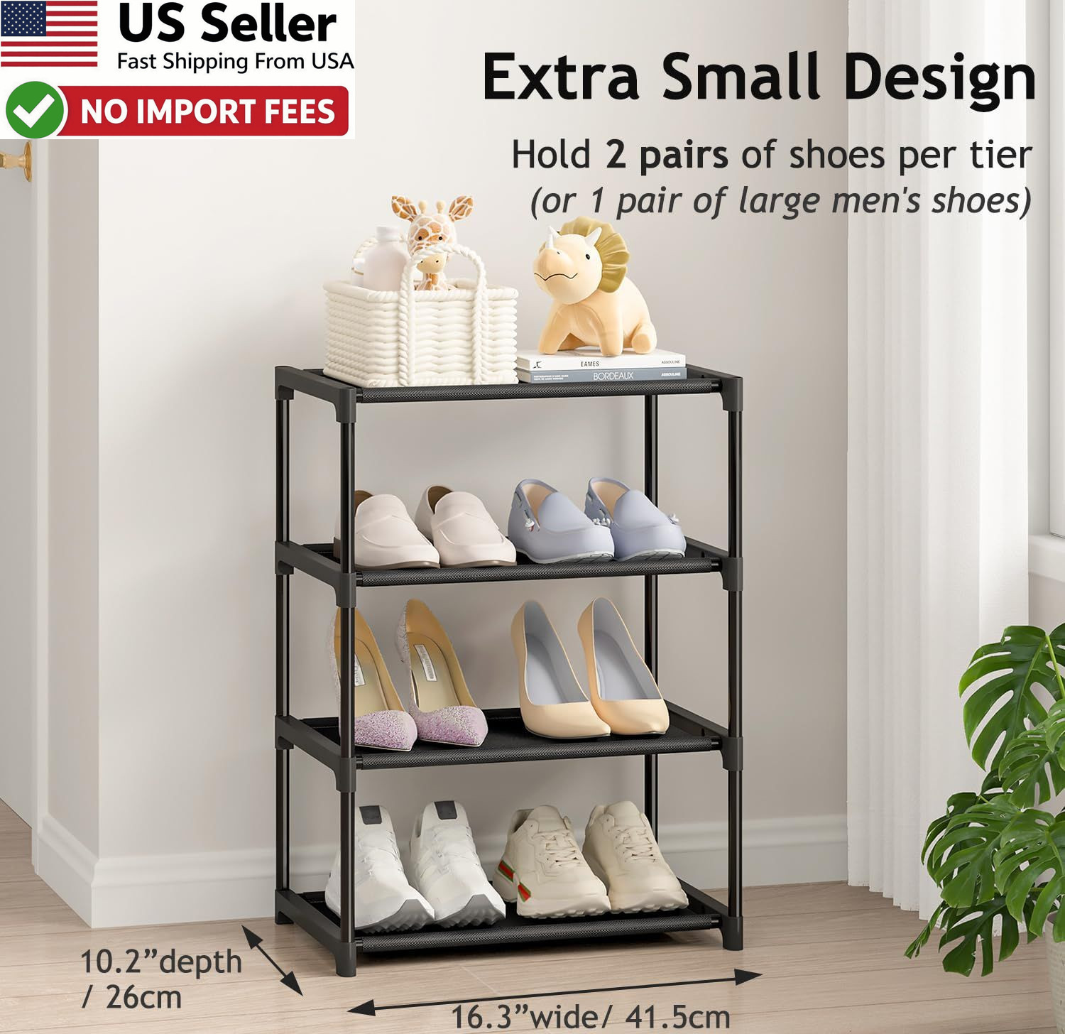 Autonomier 4 Tier Extra Small Shoe Rack 16.3 Wide Narrow Stackable Stand FROM US