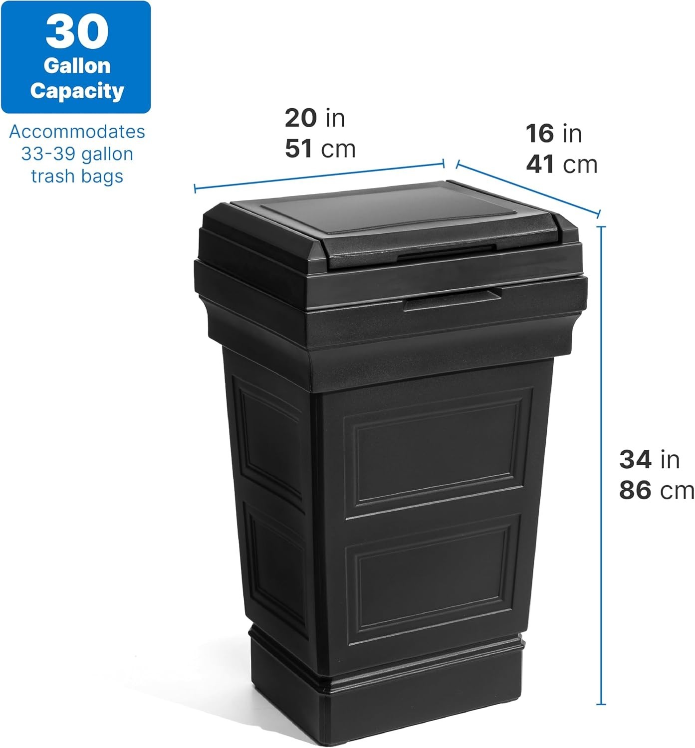 Elegant Onyx Black Trash Can, 39 Gallons – Indoor/Outdoor Use, Removable Lid