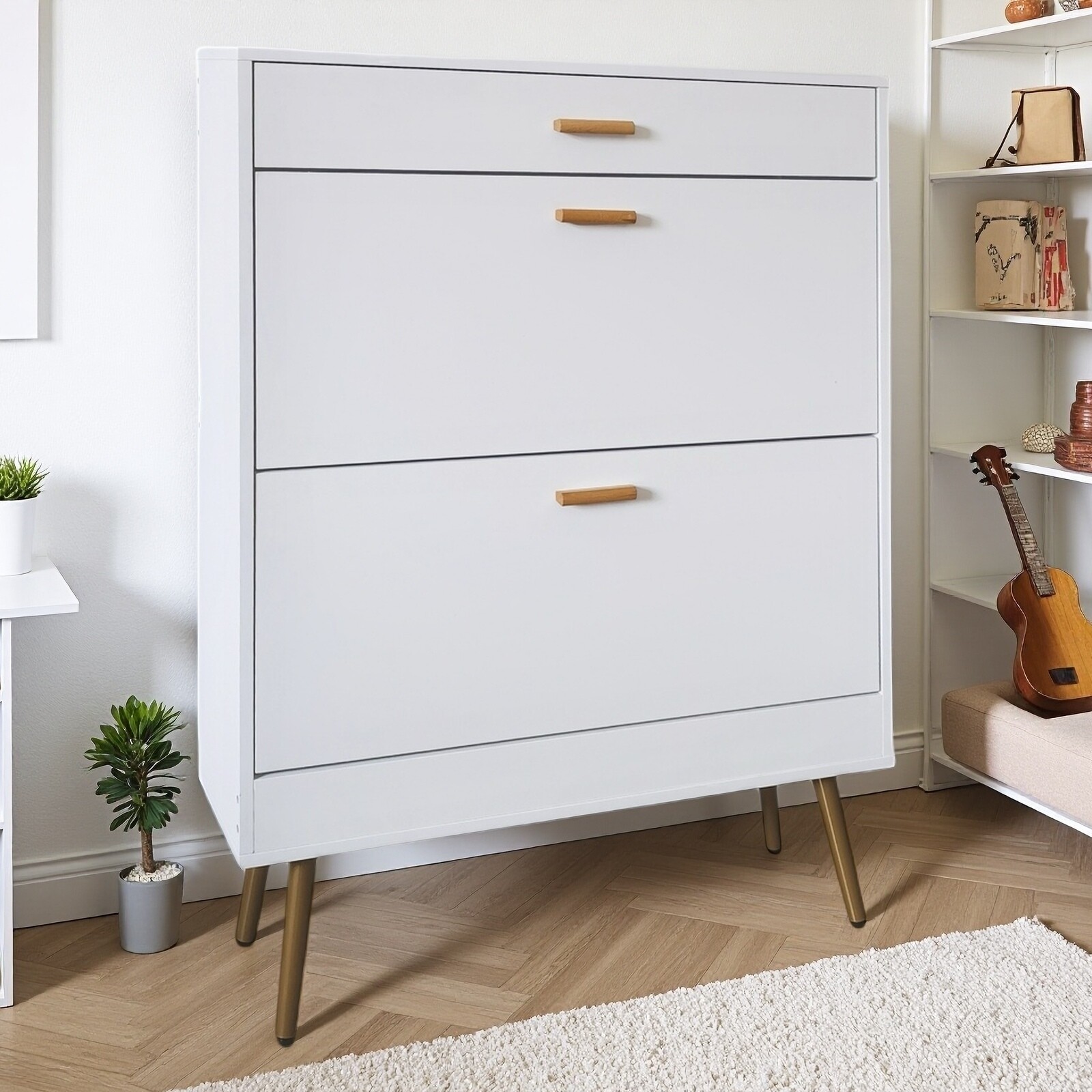 White 2 Flip Drawers Shoe Cabinet, Luxury Shoe Storage & Shoe Rack