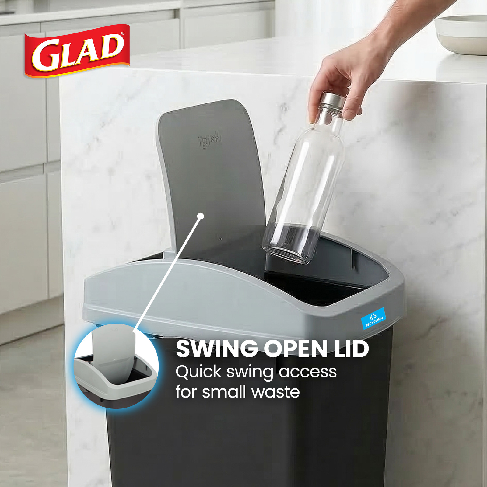 Glad Link & Sort 3-Piece Waste and Recycling Bin with Lid Set, 36 Gallon, Black