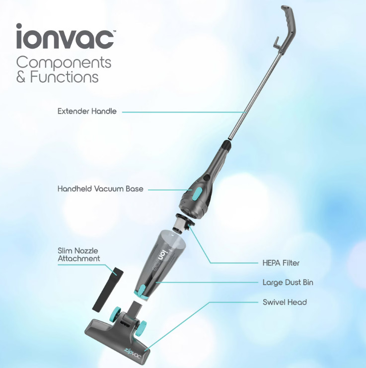 Ionvac ZipVac Corded Stick Vacuum, Multi-Surface 3-in-1 Upright/Handheld Vacuum
