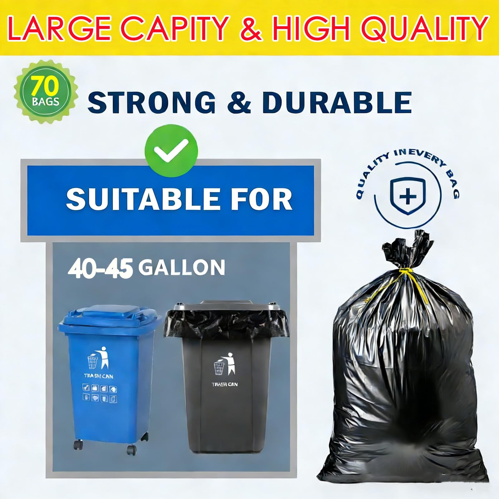 45 Gallon Trash Bags, Heavy Duty Large Plastics Garbage Bags, 70 Count 2.0 Mil E