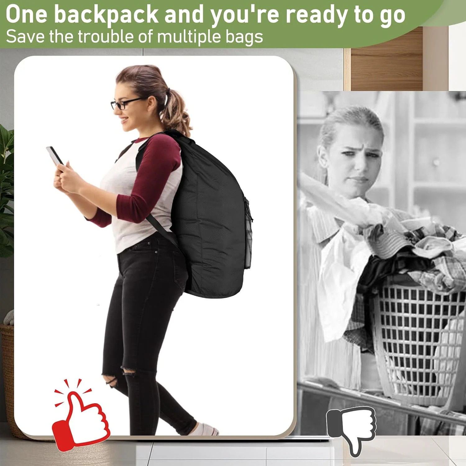 Large Laundry Bag Backpack Shoulder Straps Mesh Pocket Travel College Dorm Black