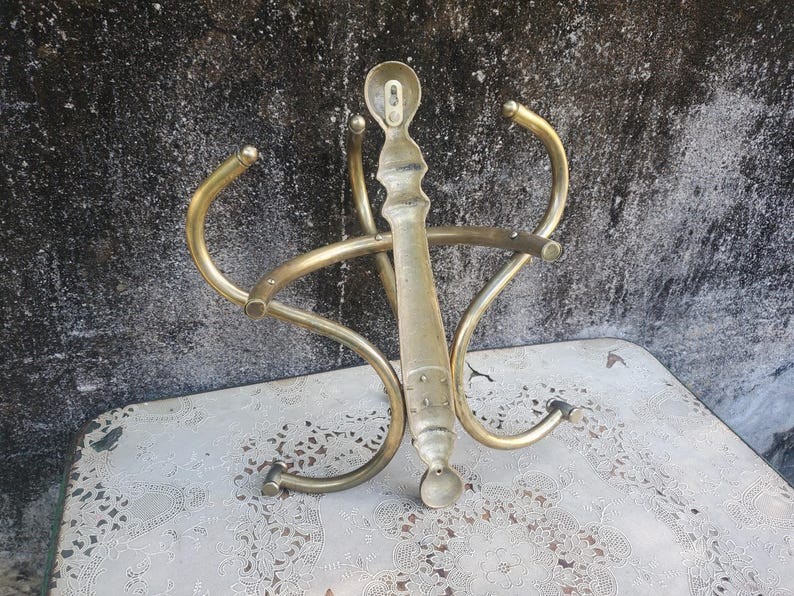 Vintage Brass Coat Rack Art Nouveau Barbershop Style Wall Hooks MCM Regency