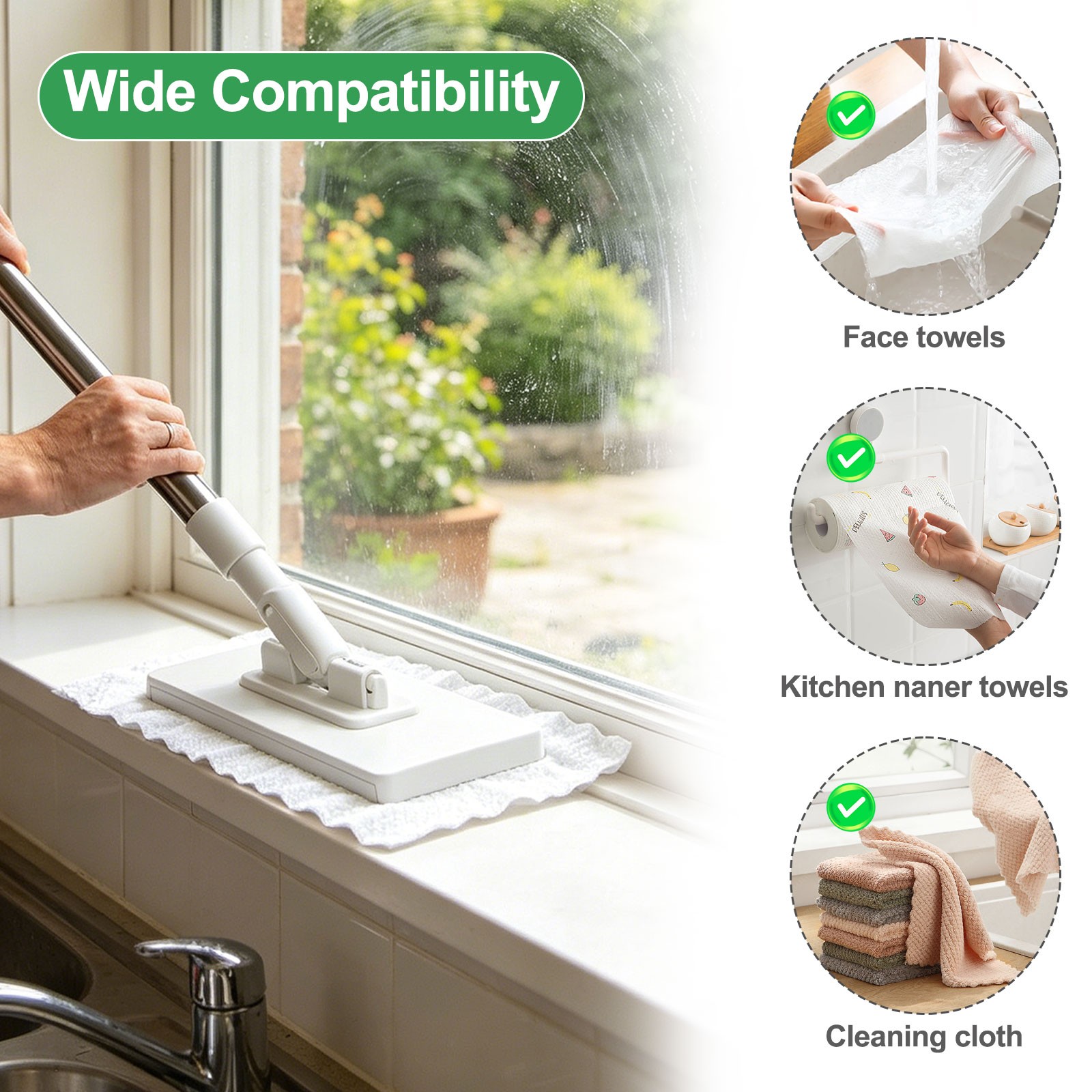 Snap Grip Mini Mop 100cm Adjustable Long Handle Dust Mop with 4 Cloths for Glass