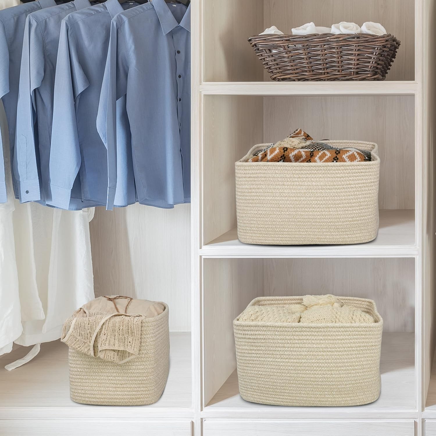 Elegant Woven Cotton Rope Storage Baskets, 15x10x9.3” – 3 Pack Oatmeal