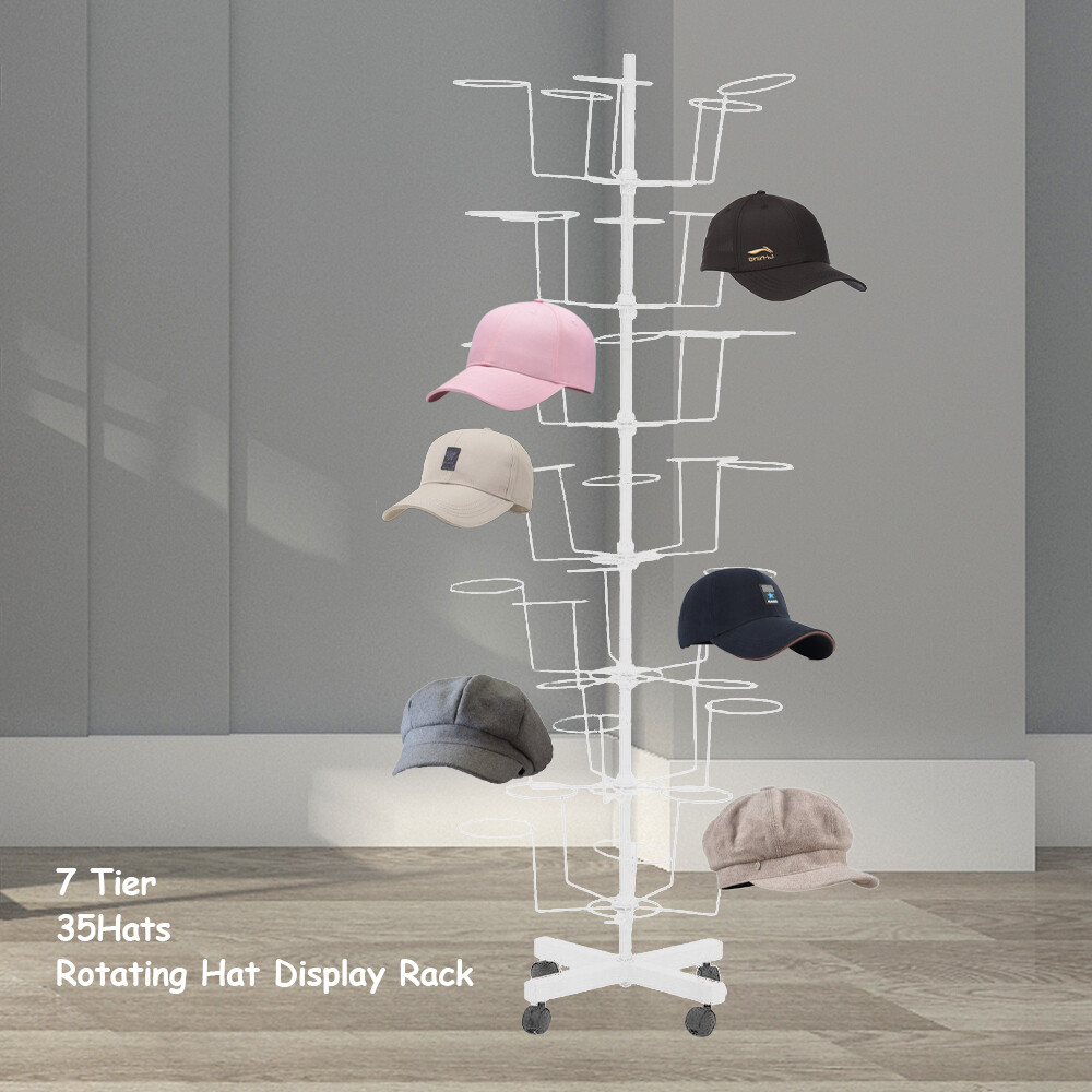 7 Tier Rotating Hat Display Rack Free Standing Metal Floor Caps Headwear Stand