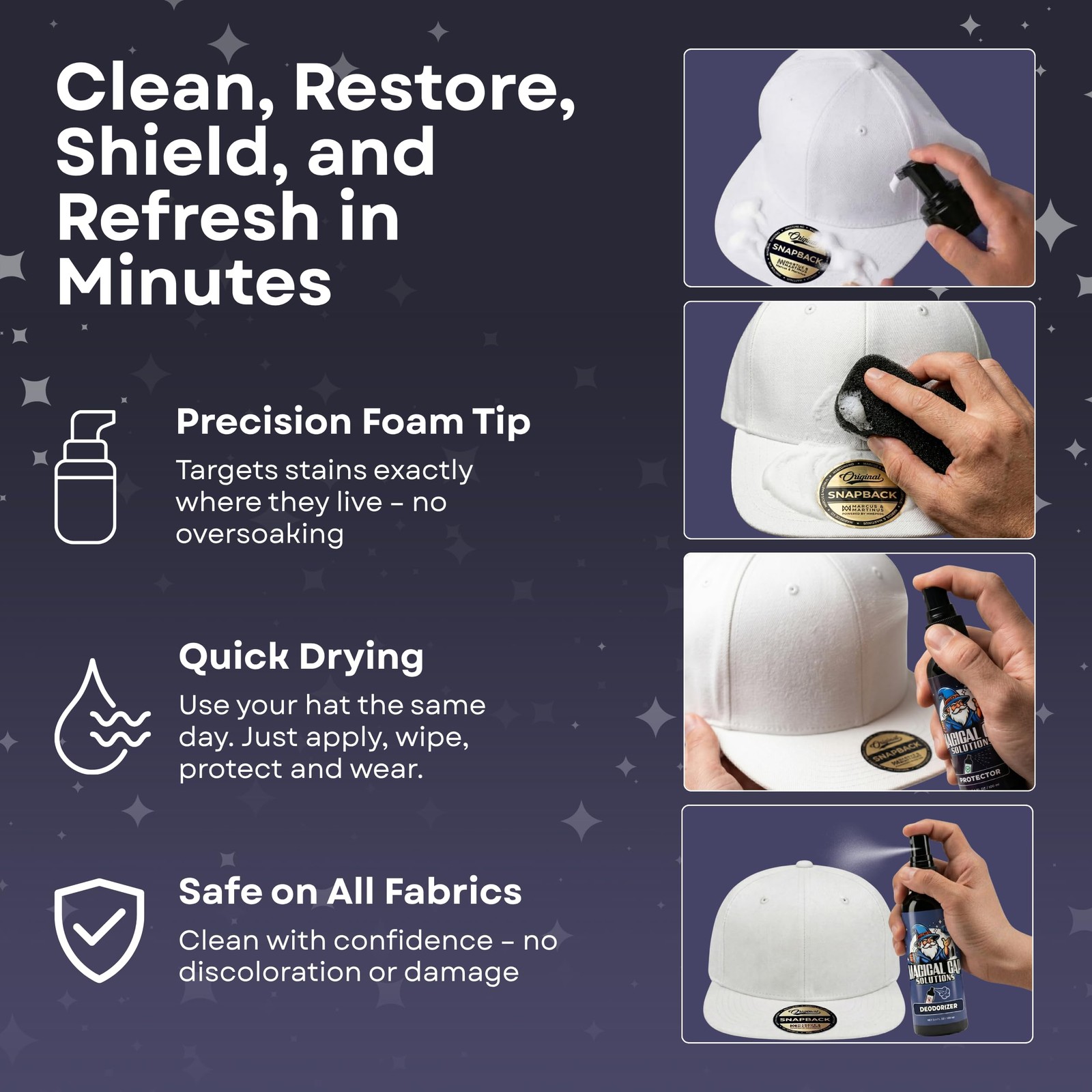 Hat Cleaning Kit 4-Step Headwear Cleaner Foam Brush Deodorizer Protector Caps