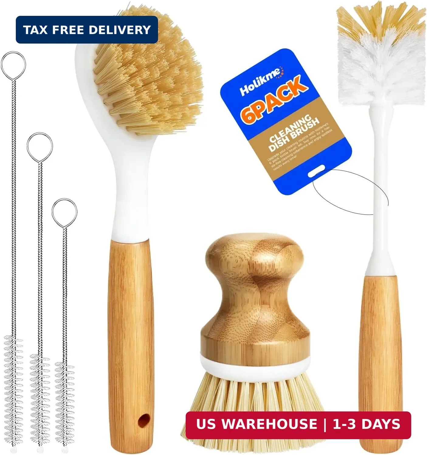 Holikme 6 Pack Dish Brush Scouring Pad Set with Bottle Brush, Dish Brush, Palm S