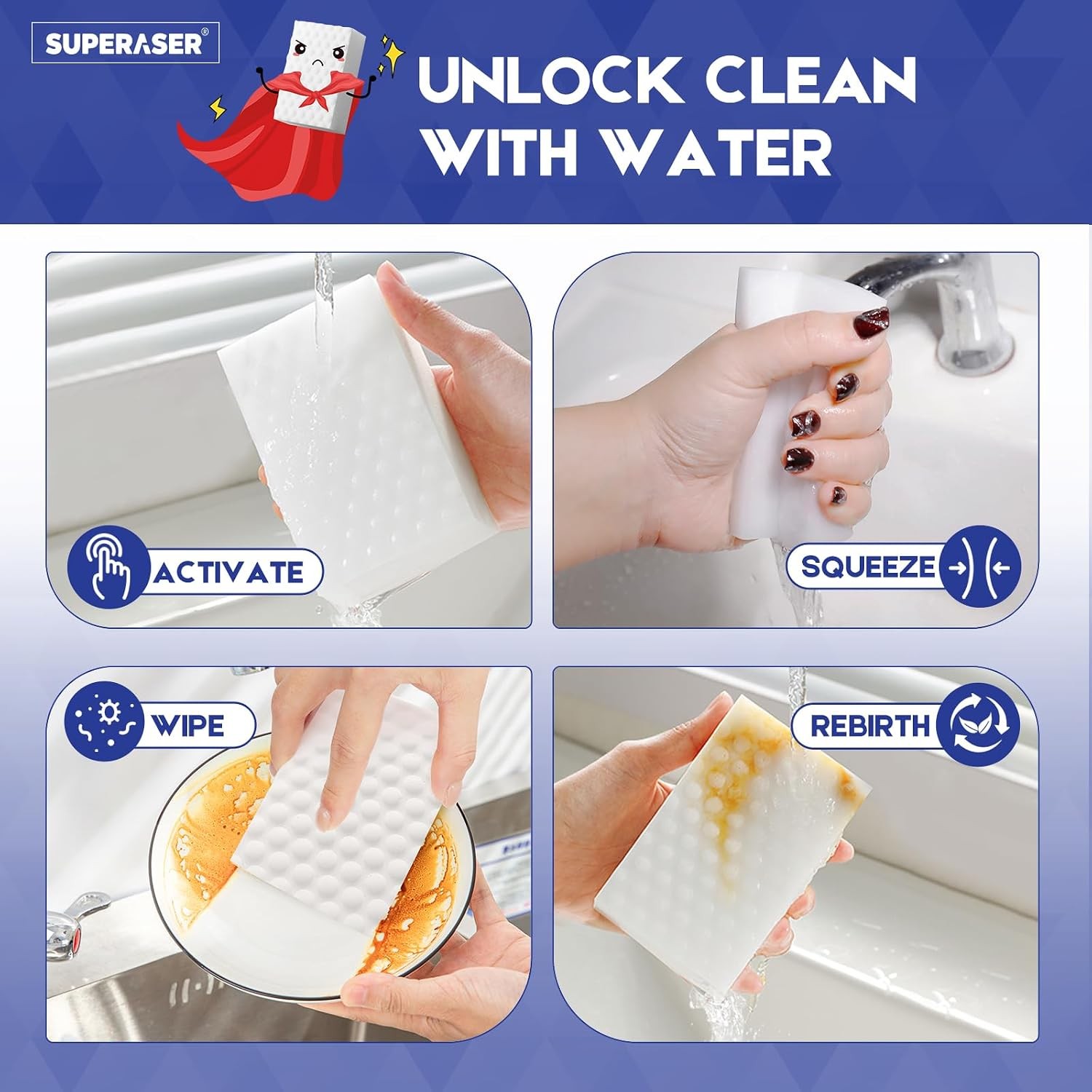 Magic Sponge Eraser, 10 Pack, 2X Density Melamine Foam | Water-activated