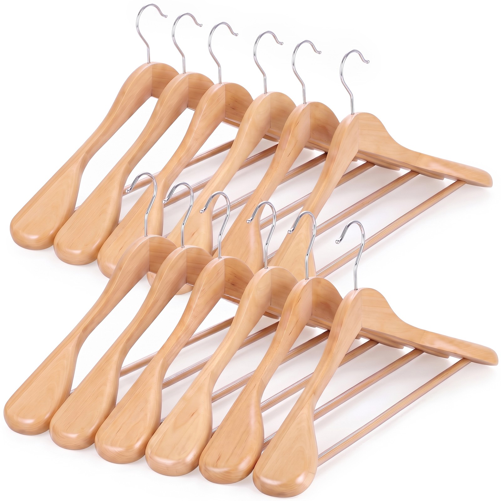 Premium Wooden Hangers 12 Pack Wide Shoulder Suit Coat Hanger w/ 360 Swivel Hook
