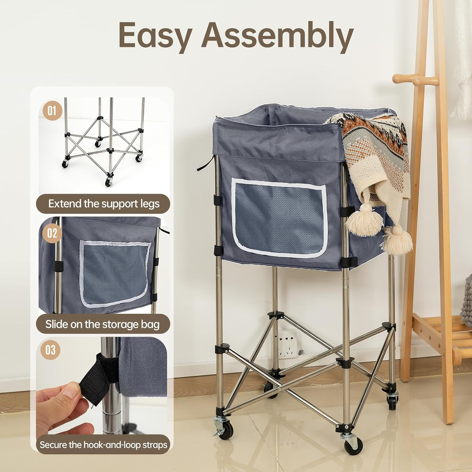 35.9 Inch Laundry Cart with Wheels No Bend Design Stainless Steel Frame Grey