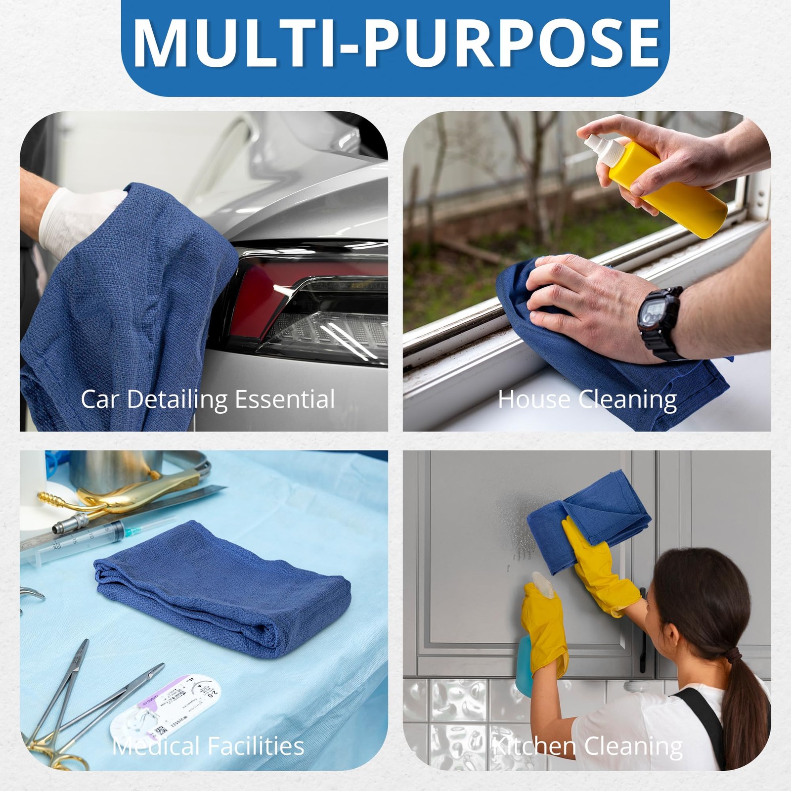 12 Pack 100% Cotton Size 15×25 Blue Cleaning Rags for Kitchen, Bar Home, Windows